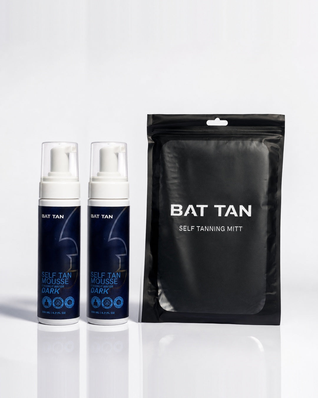 Bat Tan Hero Kit: 2 Dark Mousse self tanner bottles and tanning mitt for men